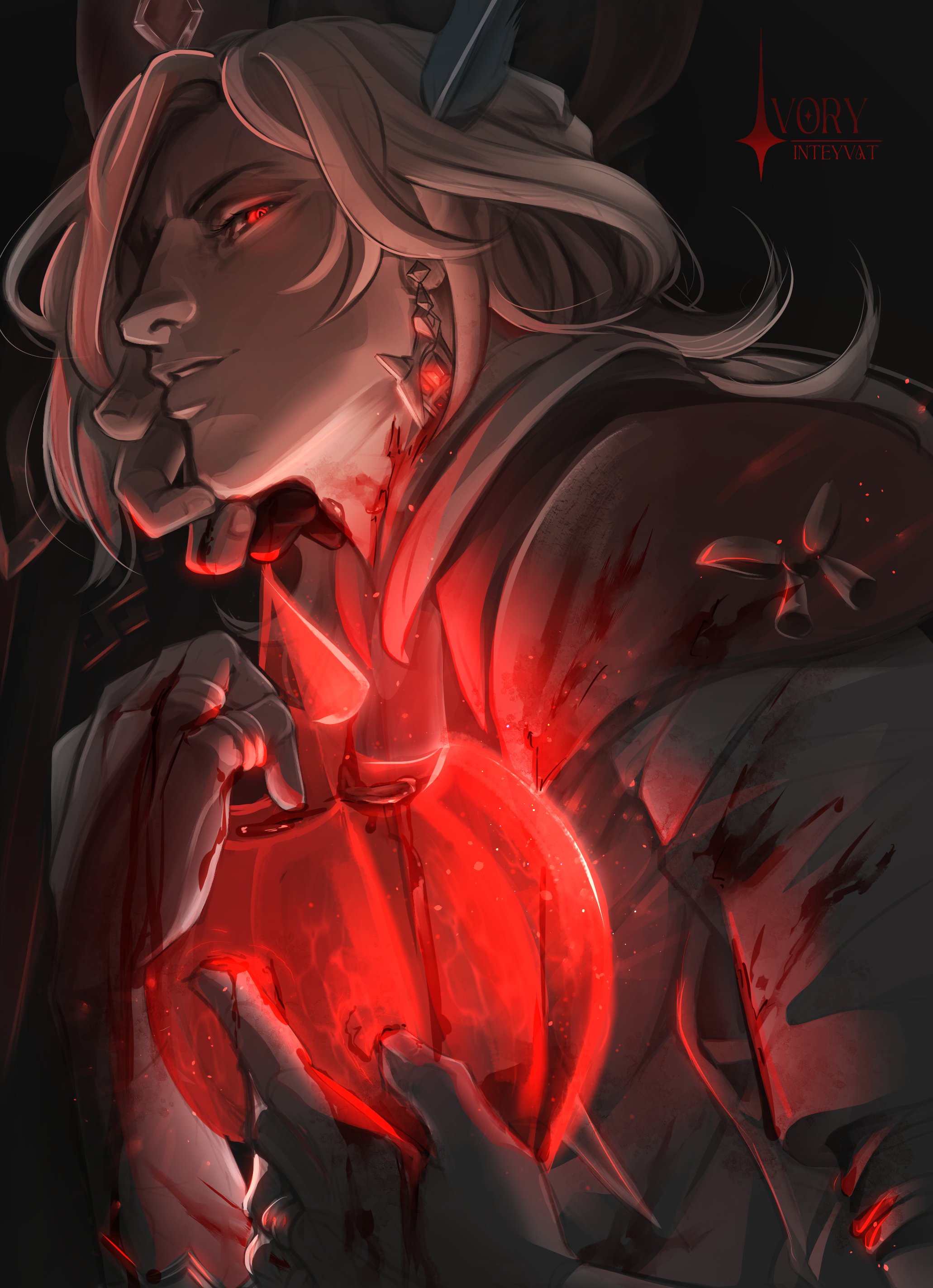 the image is an illustration of a male anime character with blond hair. he is holding his bloody heart in his hand, with blood dripping down his hand and neck. his eyes are red. the background is dark and the scene is lit in red.