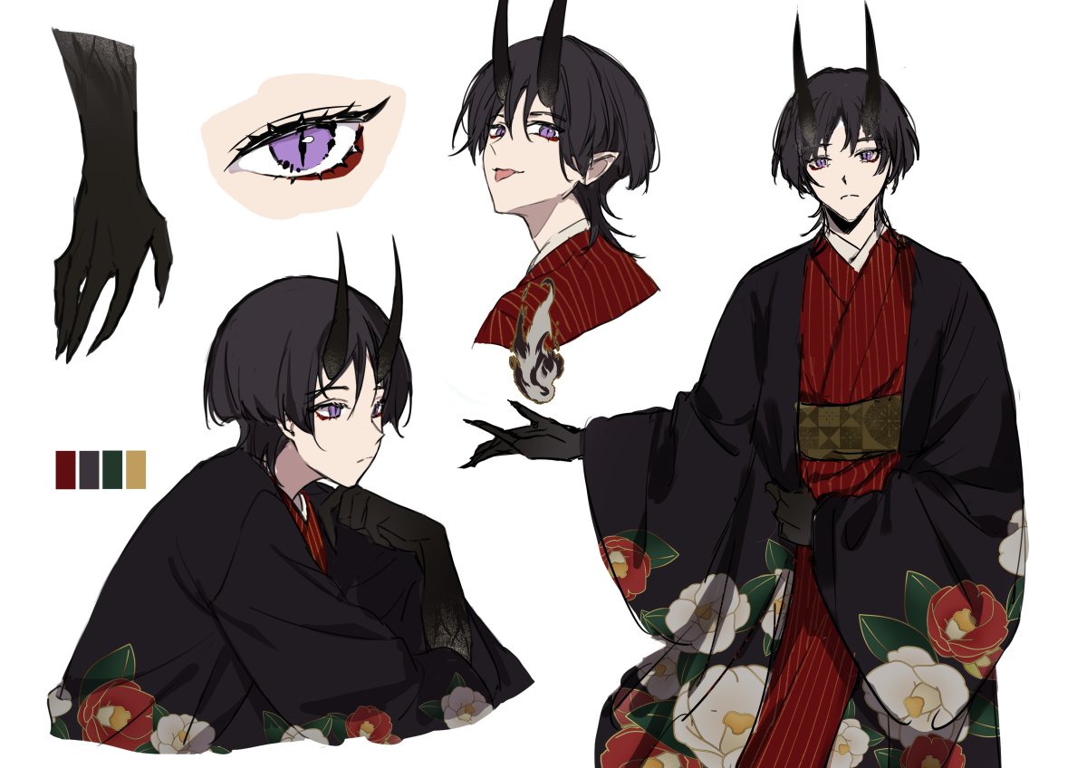 this is a digital illustration of a male anime character wearing a black and red kimono with white flower patterns. he has black horns, black hair, and purple eyes. he is wearing a white scarf tied around his neck. the illustration is drawn in a stylized anime style.