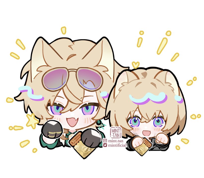 the image is a cartoon drawing of two anime characters. the characters are chibi, which means they have big heads and small bodies. they are both cats, and the one on the left is wearing sunglasses and has a happy expression. the one on the right is also smiling and has a slightly surprised look on their face. both of them are holding gold cards in their hands. they look like they are best friends and are excited about something.