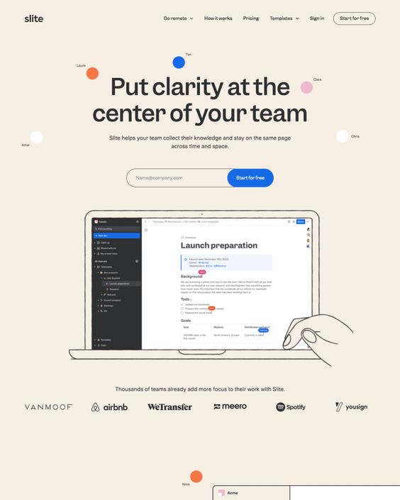 the image is a screenshot of the slite website. it features a headline that reads "put clarity at the center of your team." the headline is followed by a brief description of slite's purpose, which is to help teams collect their knowledge and stay on the same page. the image also shows a screenshot of a slite workspace, which includes a list of tasks, a timeline, and a shared document. the image is accompanied by a number of logos of companies that use slite, such as airbnb, wetransfer, and meero. the overall image is designed to promote slite as a tool for improving team collaboration and communication.