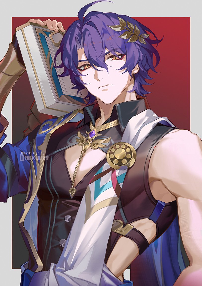 the image is a digital fan art illustration of a male character, likely from the game genshin impact, judging by the style and costume design. he has vibrant purple hair styled with a gold leaf adornment, and striking orangegold eyes. he's dressed in an elaborate outfit with dark, rich colors accented by gold details and teal/aqua elements. he carries a large, ornate book under one arm. the character is depicted from the chest up, with a confident and somewhat sly expression.  the background is a simple, yet striking combination of dark red and offwhite, focusing attention directly on the character. the artwork has a highly stylized and polished appearance, consistent with highquality anime or manga fan art.