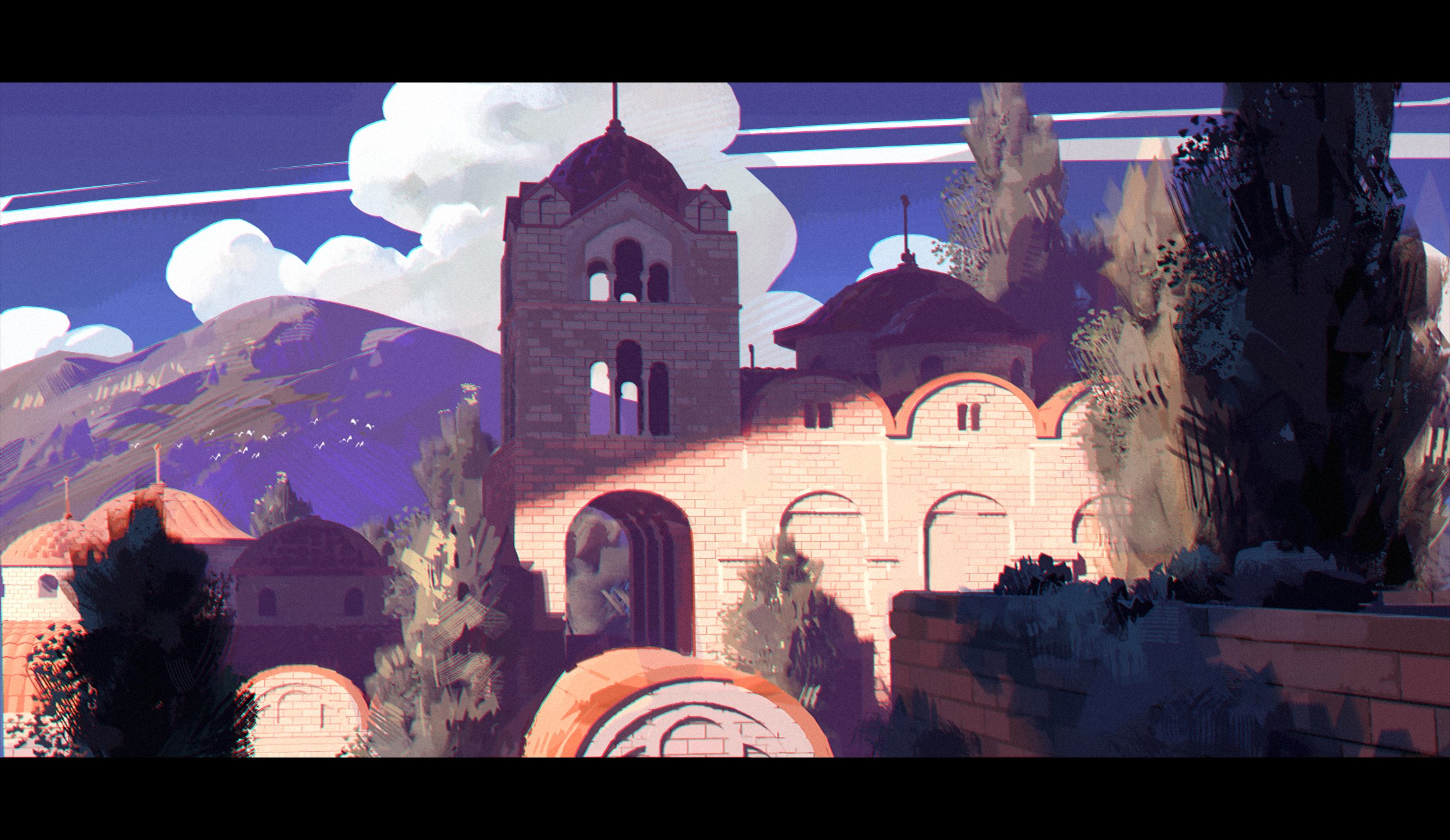 the image shows a landscape painting of a monastery with a tower, domes, and arched doorways, set against a backdrop of mountains, sky, and clouds. the scene is bathed in sunlight, creating strong shadows. trees, including cypress trees, are also visible. a flock of birds flies across the background. the artwork style is illustrative.
