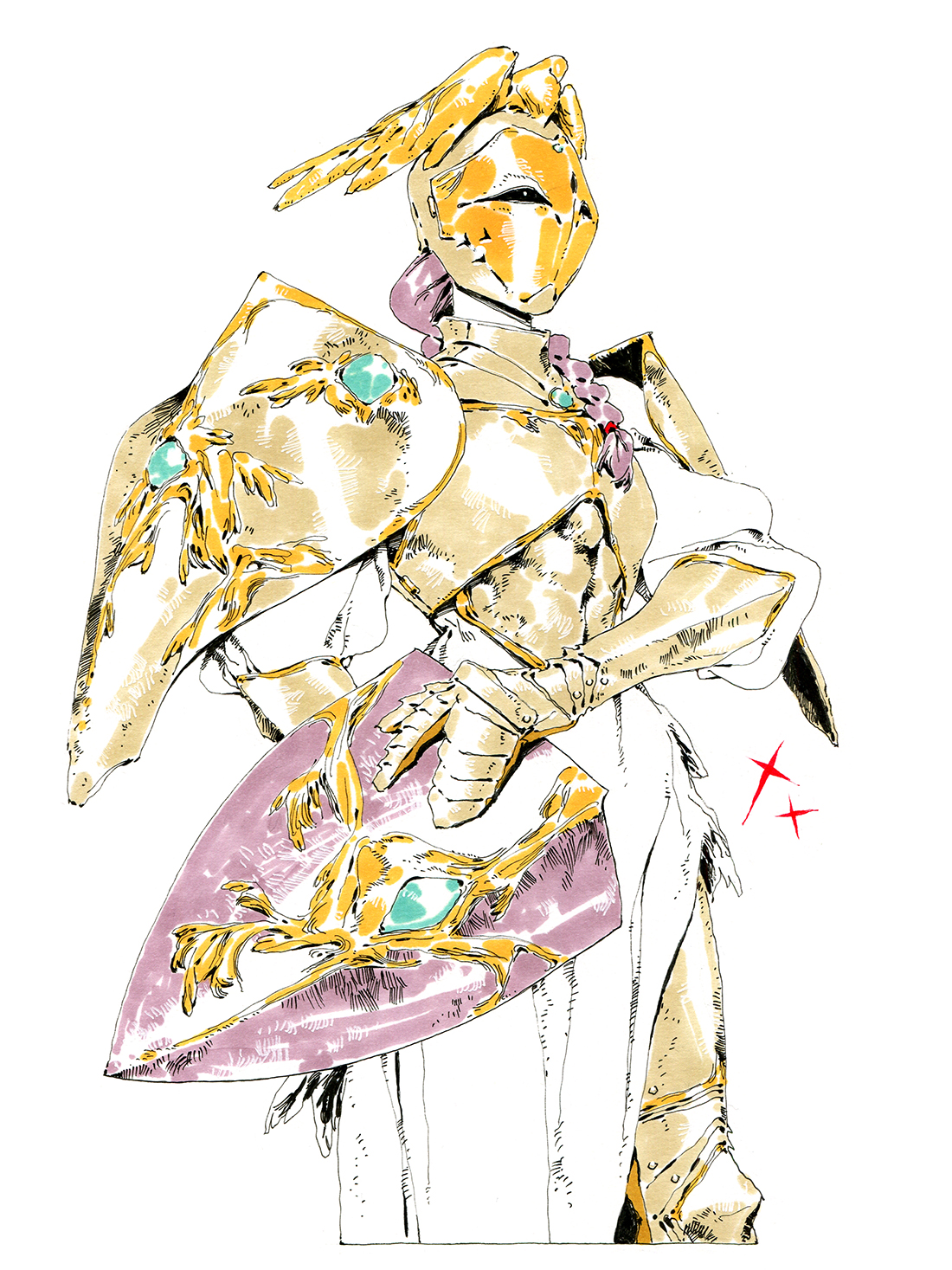 a female knight character concept art in detailed golden ornate armor with a pink shield. the drawing is highly detailed with intricate designs on her armor and shield. the background is white and the art style is line art.