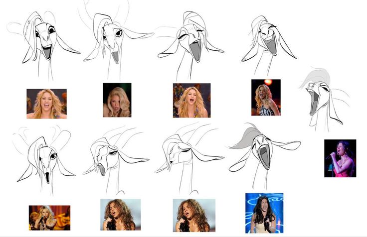 the image contains a series of sketches of a llama character expressing various emotions. each sketch is paired with a photograph of a singer (shakira) appearing to match that expression. the sketches appear to be part of an animation or character design study. the photographs are meant to be a reference for the animation.