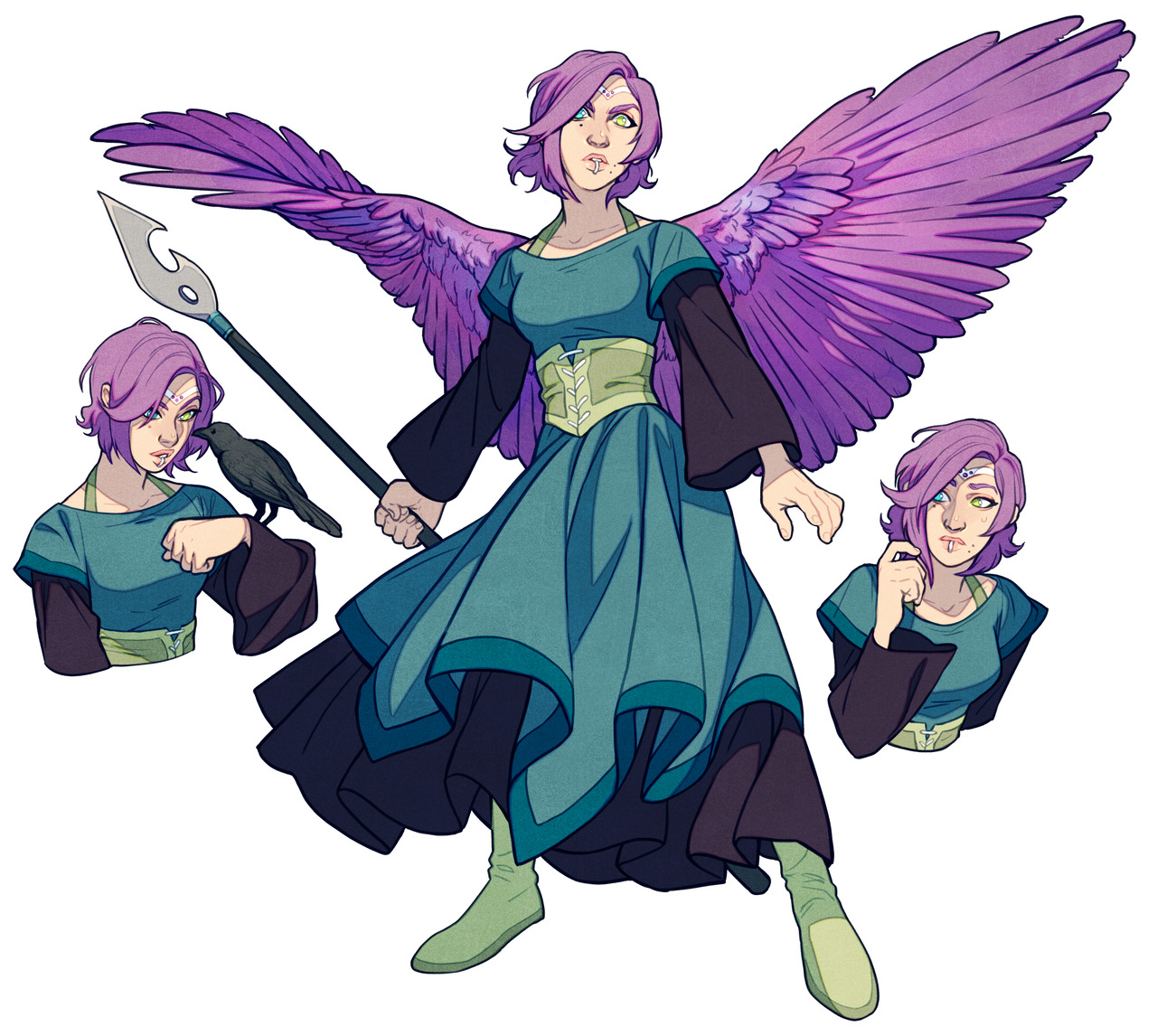 a digital illustration of a female warrior angel with purple wings. she's wearing a teal and dark teal dress with green accents. she is holding a spear in her right hand, and a raven is perched on her left. there are two smaller bust illustrations of the same character on either side of the main illustration.