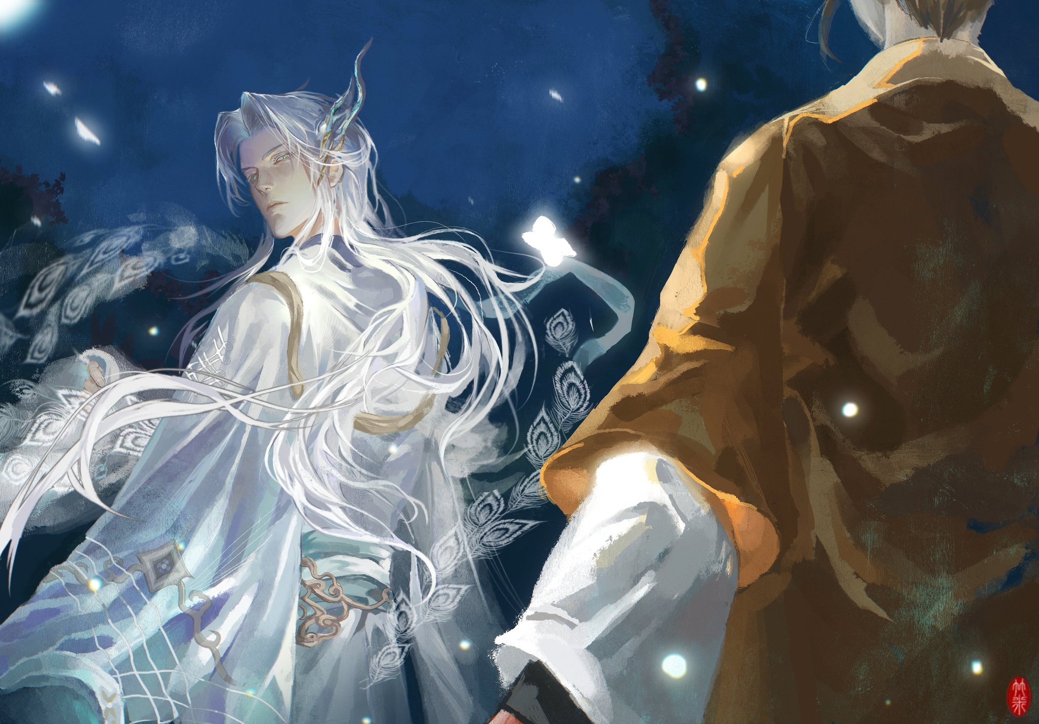 the image features two male anime characters. the one on the left is wearing a white and blue outfit, long white hair, and has blue eyes. he has an elegant and graceful appearance, flowing long white hair, and a white garment that seems to be flowing and shimmering like a butterfly in the night. the character on the right is wearing a yellow coat with a white undershirt and has brown hair.  both characters are standing in a dark blue background with light spots. the image is set in a fantastical and ethereal environment, with elements of light and magic. the overall atmosphere is mysterious and atmospheric.