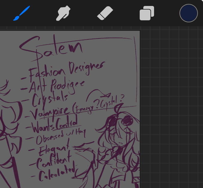 a closeup image of a notebook page with purple ink drawings on grey paper. the page features a list of personality traits about a character called salem, who is labeled as a fashion designer and an art prodigy. the list includes traits like being a vampire, obsessed with hay, elegant, confident, and calculated.  the page also features a rough sketch of a character who looks like a young woman with long hair, dark eyes, and a pointy nose.  the drawing is still in the early stages and lacks detail. there are also some arrows and scribbles surrounding the list.  the image appears to be a personal drawing and the artist is working on a character design for the fictional character salem.