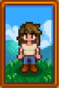 a pixel art portrait of a woman with brown hair and brown eyes, wearing a beige tshirt, blue jeans, and brown boots, standing in a grassy field with mountains and a blue sky with white clouds in the background. the portrait is in a golden frame.