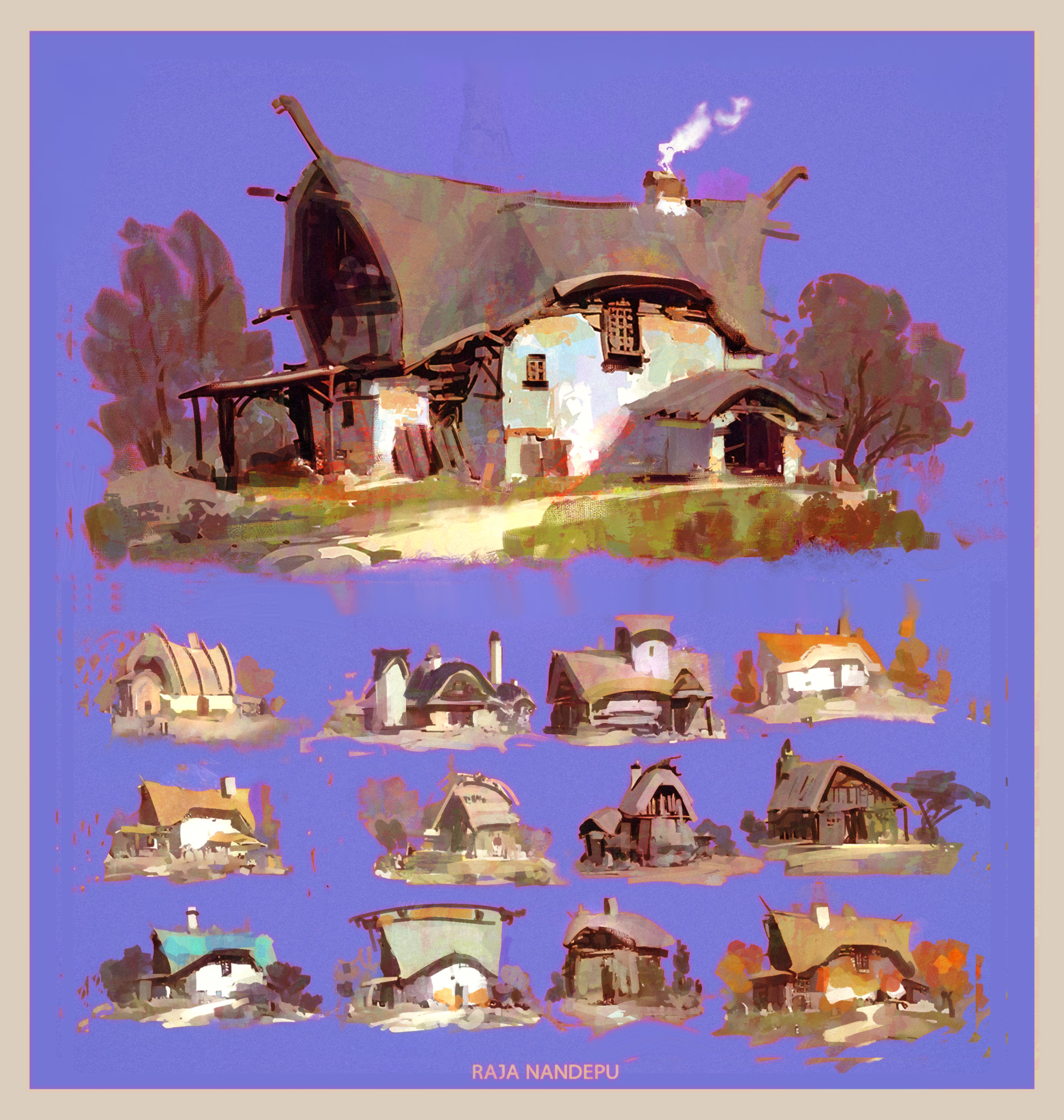 the image is a digital painting showcasing a collection of charming, whimsical house designs.  the main focus is a large, uniquely shaped thatchedroof house at the top. below it, a grid displays various smaller sketches of houses in similar styles, exploring different roof types, sizes, and architectural details. the overall style is painterly and expressive, characterized by loose brushstrokes and a soft color palette. the background is a uniform light purple, which complements the warm tones of the houses. the artist's signature, "raja nandepu," is subtly placed at the bottom.  the piece feels like preliminary concept art for a game, book, or film, exploring the visual aesthetic of a fantasy village or rural setting.