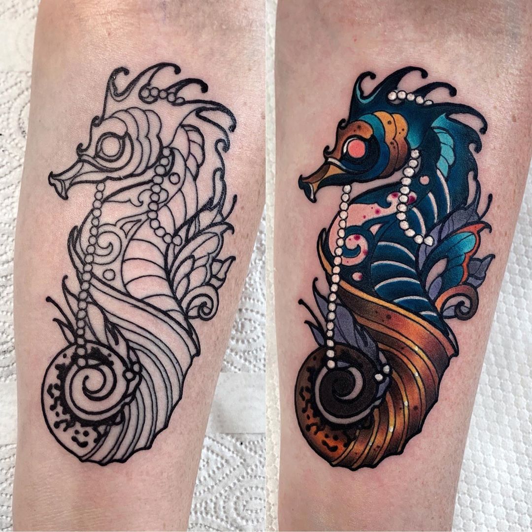 the image shows a before and after picture of a neotraditional tattoo of a seahorse with pearls draped over its back. the seahorse is holding a large shell with a pearl inside. the tattoo is done in a colorful style with bold lines and shading. the tattoo is on a person's arm.