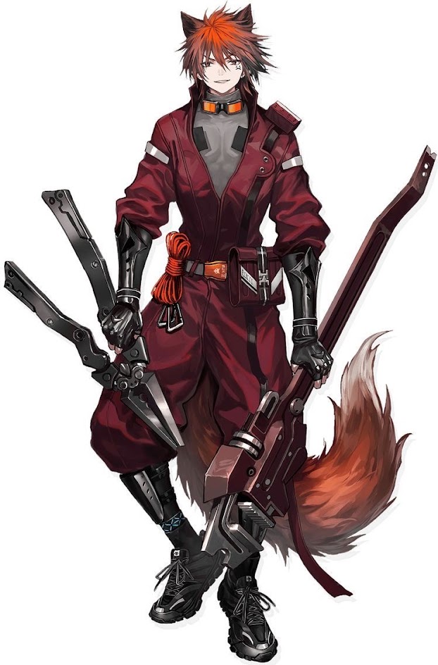 this is a digital illustration of a male anime character with red hair and a fox tail. the character is wearing a red coat and black pants with metalplated gauntlets and boots. he's holding a wrench and a pair of pliers with his arms, and a large guitarlike weapon on his shoulder. the character's eyes are a light blue with a determined look on his face. the drawing is in a style that is common to anime and manga.