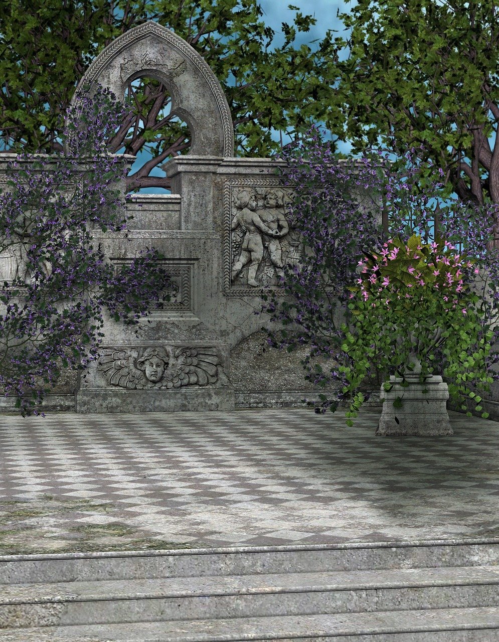 a garden with a checkerboard patterned patio, stone steps, and an arch. there are statues and plants with flowers growing around the area.