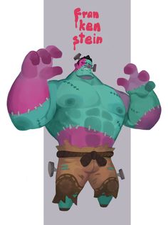 a cartoon illustration of frankenstein's monster. he's designed in a cute and stylized way, with exaggerated features and bright colors. he's posed dynamically with his arms raised.