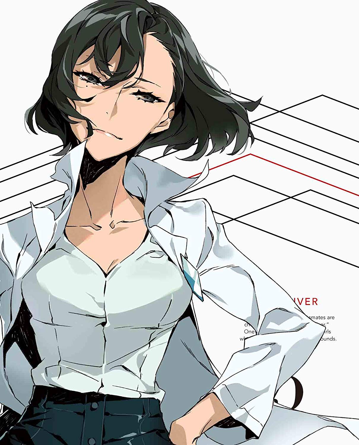 the image features a striking woman with short, dark hair styled in a sleek bob. she wears a white lab coat over a teal top, exuding an aura of intelligence and authority. the background is adorned with geometric patterns in red and gray, hinting at a futuristic or technological setting. the overall composition and her confident expression suggest she's a prominent figure, perhaps a scientist or researcher in a fictional world.