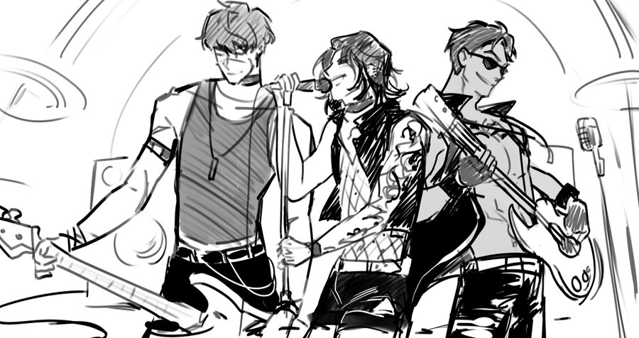 the image is a black and white sketch or drawing of a threepiece rock band during a performance.  one member is singing into a microphone, while another plays a bass guitar, and the third plays an electric guitar. the style is loose and expressive, capturing the energy of a live music setting. the musicians are depicted with slightly exaggerated features, giving them a stylized and dramatic look.  the background suggests a simple stage setting with minimal details.  the overall style is reminiscent of fanart or a storyboard sketch.
