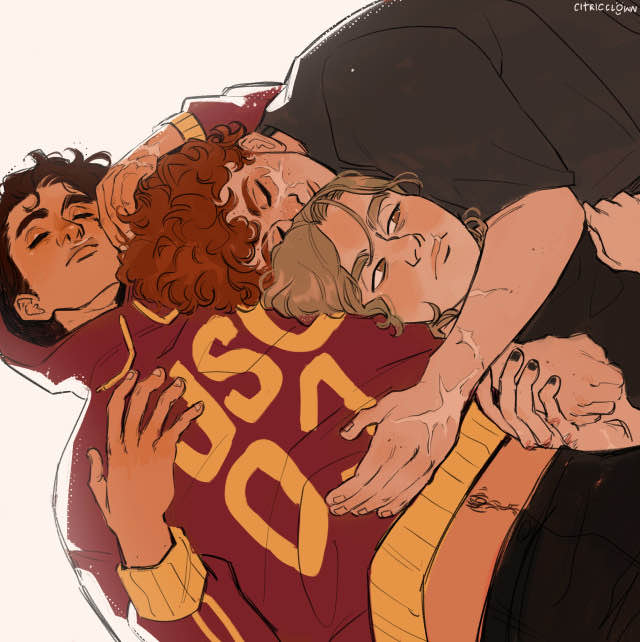 an image of four people, three boys and a girl, napping in a cuddle pile.  the person on the bottom is wearing a letterman jacket.  there are no defining characteristics in the environment to give context.