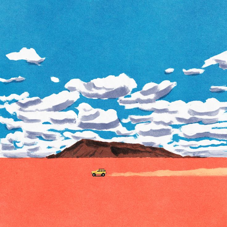 a yellow car is driving through a vast, flat, orange desert landscape towards a distant, imposing mountain. the sky above is a brilliant blue, dotted with large, fluffy, white clouds. the scene is bathed in natural sunlight, creating a sense of vastness and adventure.