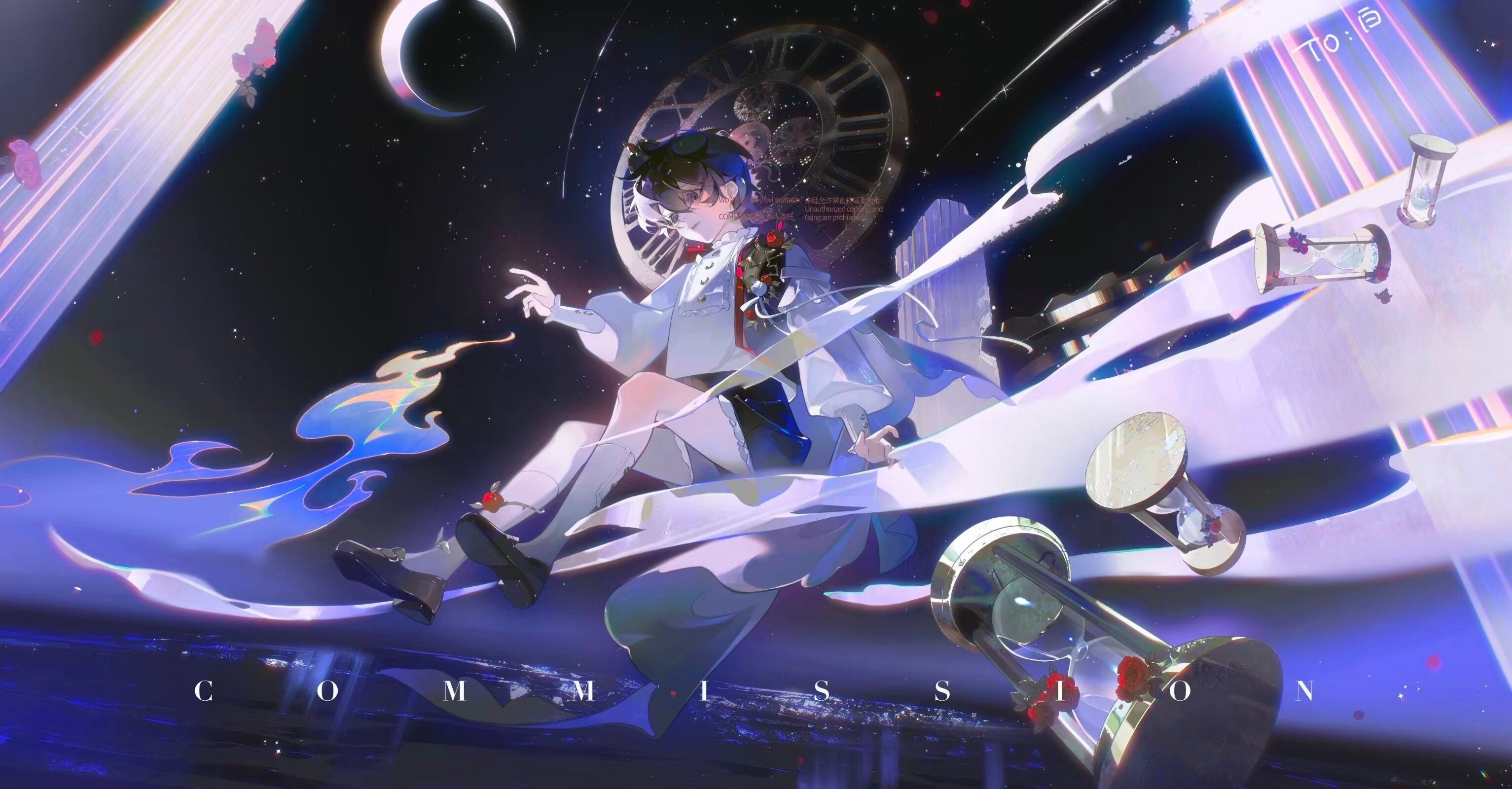 the image shows an anime boy in a dynamic pose against a backdrop of a starry night sky. he is surrounded by floating hourglasses, ribbons, and clock parts, creating a surreal and dreamlike atmosphere. the artwork is brightly lit with neon accents and uses a perspective that positions the viewer looking up at the subject.