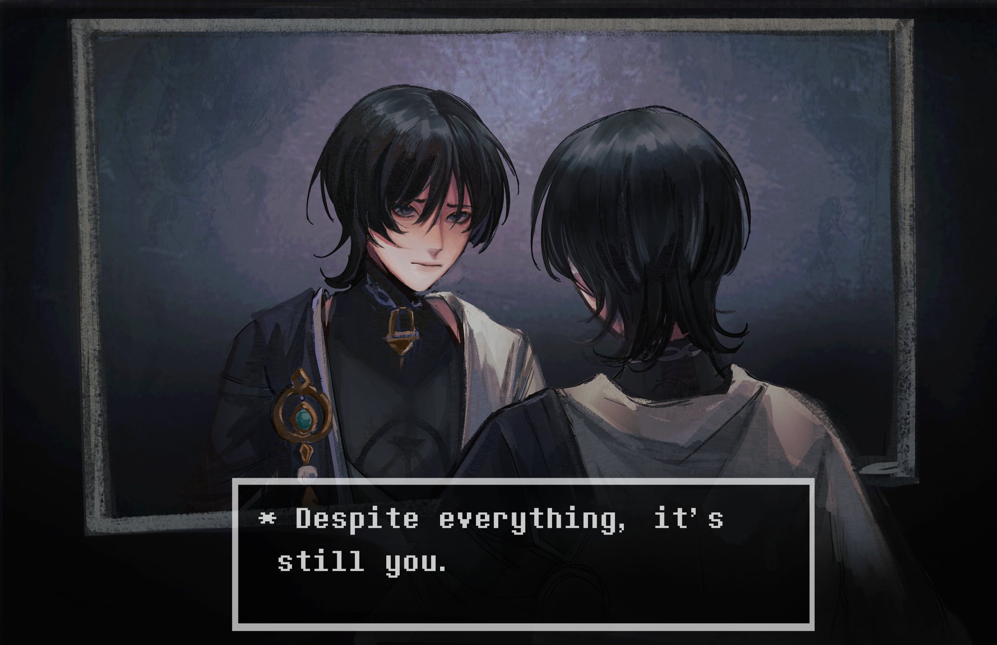 two anime boys are looking at each other in a mirror. the boy on the left looks sad and heartbroken, while the boy on the right looks away. the text "despite everything, it's still you" is written in a speech bubble. this image is a representation of a broken heart and the feelings of love and sadness.