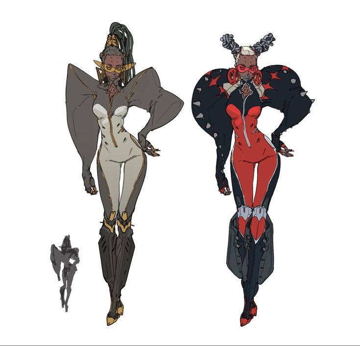 the image shows an illustration of two women in different outfits. the woman on the left is wearing a white jumpsuit with gold accents and a grey jacket with black arms. she is wearing a black mask, with gold goggles over it, and has black hair pulled back. the woman on the right is wearing a red jumpsuit, with black boots, and a black jacket with red arms. she is wearing a black mask and has pink hair pulled back. both women are standing with their feet shoulderwidth apart and their arms bent at the elbows. they are both looking to the right.