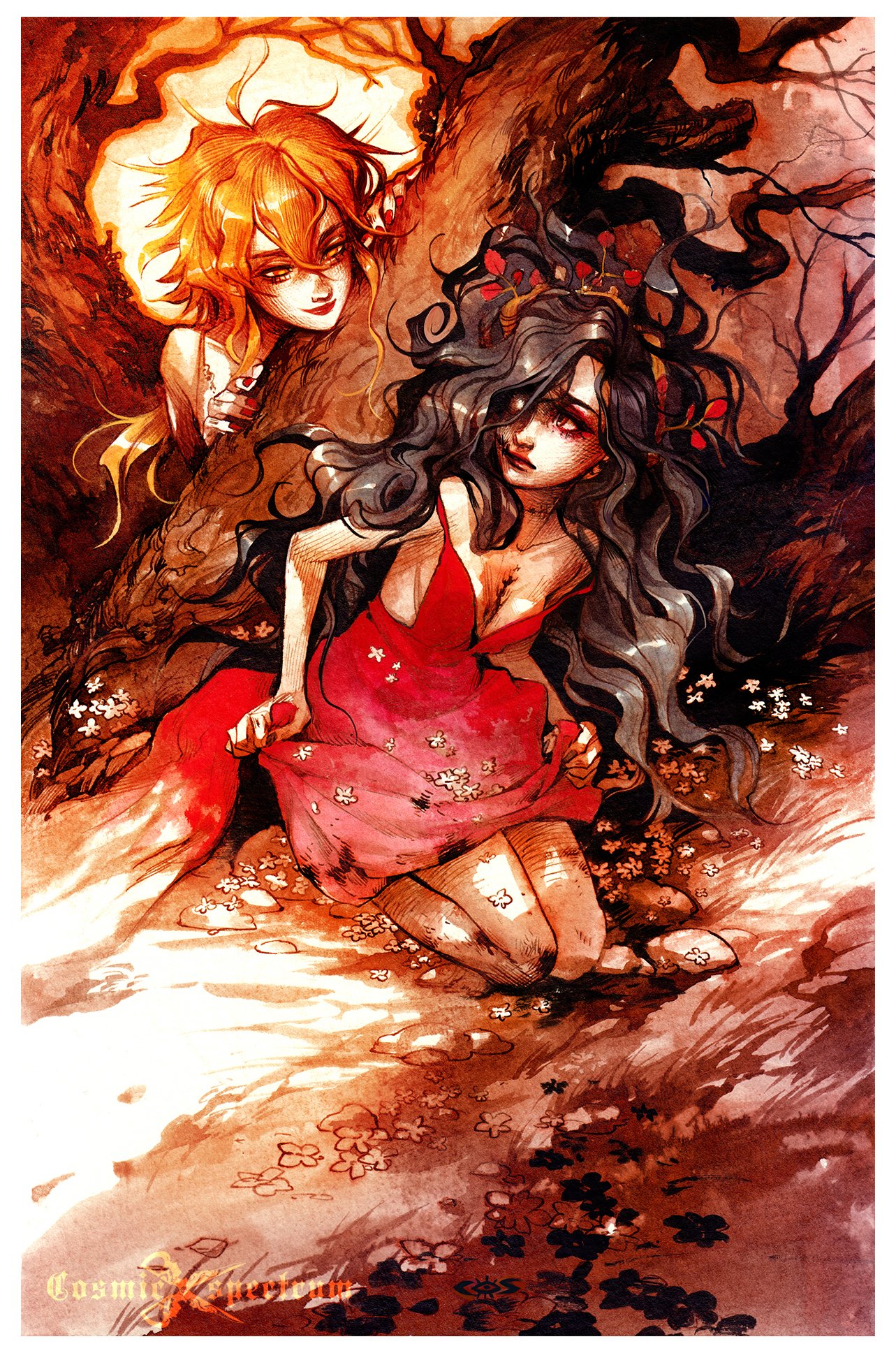 he artwork is a digital painting in a style reminiscent of watercolor, showcasing a fantasy scene. the central figure is a woman with long, dark hair, wearing a tattered red dress, kneeling on the ground amidst scattered flowers. her expression is sorrowful and her body appears slightly wounded or scarred. she is positioned in front of a large, dark tree, partially obscuring another, lighterhaired woman peeking out from behind it. the lighterhaired woman has an intense, watchful gaze.the overall mood is melancholic and mystical, with a strong emphasis on the emotional state of the central figure. the use of color and light adds to the dramatic effect, highlighting the contrast between the warm tones of the background and the cooler tones of the women's skin and clothing. the scene suggests a narrative element, possibly hinting at a story of loss, sorrow, or a supernatural event.