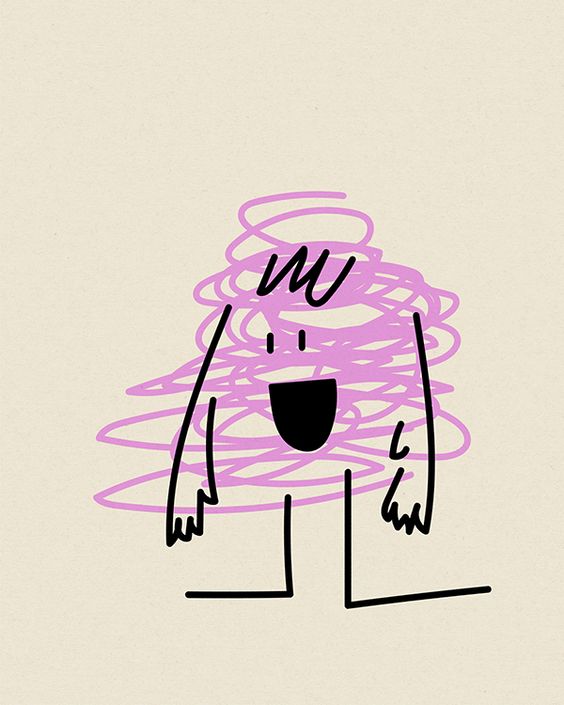 the image features a whimsical, cartoonlike character drawn in a doodle style. the character is composed of simple lines and shapes, with a large head formed by swirling pink lines, suggesting hair or a sense of energy. it has two small black dots for eyes, a wide, open smile, and thin arms and legs. the figure stands on a plain background.