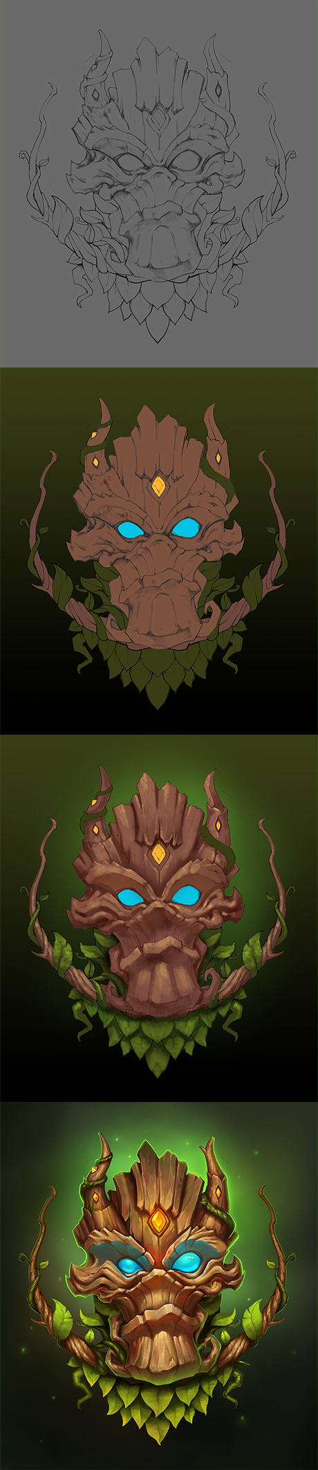 the image showcases the stepbystep creation of a treantlike creature's face. it starts with a basic sketch, gradually adding details, color, and lighting effects. the final result is a captivating, stylized portrait of a forest guardian with piercing blue eyes, textured bark skin, and a crown of leaves. the green glow emanating from the creature hints at its magical nature.