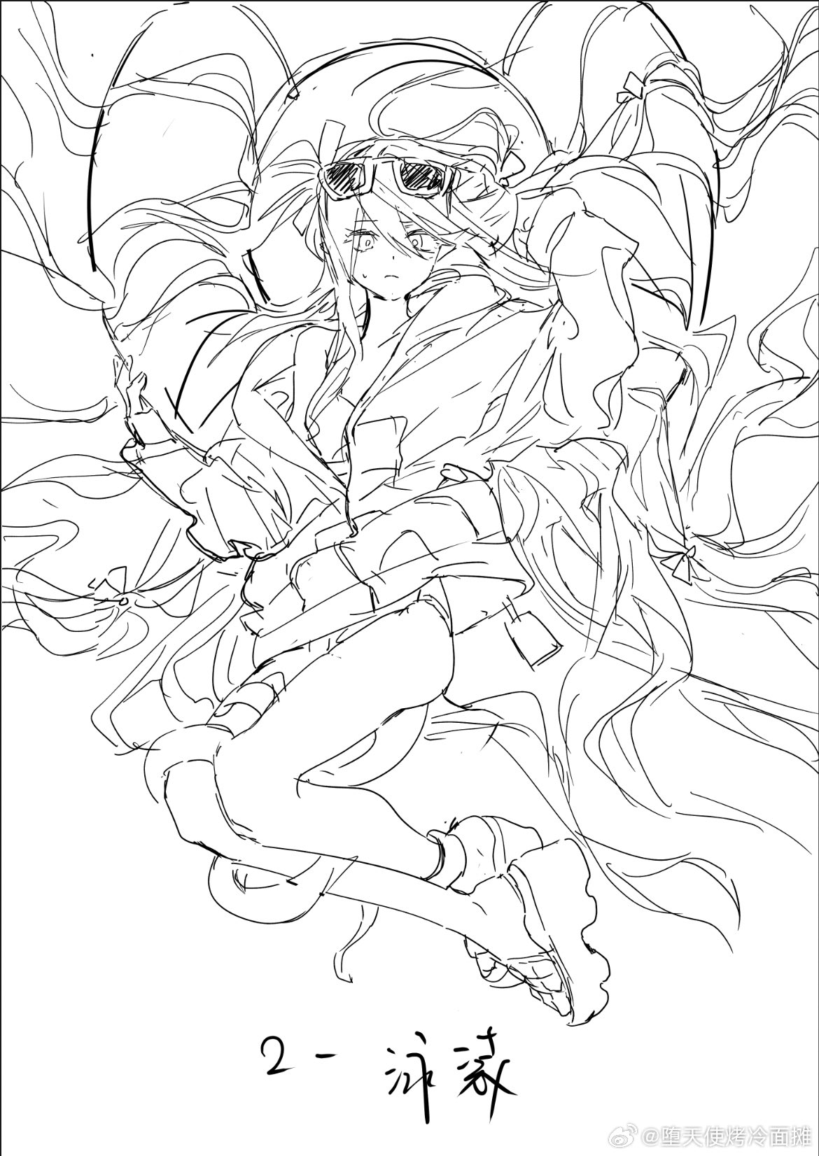 he image is a black and white line drawing of a stylized anime or mangastyle girl. she is depicted in a relaxed, almost languid pose, draped in flowing clothing that resembles a robe or oversized jacket.  her hair is long and flows around her, partially obscuring her face.  she wears sunglasses and appears to be wearing casual footwear. the style of the artwork is expressive and fluid, with a focus on capturing movement and a sense of mood rather than strict anatomical accuracy. the lines are loose and gestural, creating a dynamic and energetic feel. the overall composition is somewhat abstract, with the figure intertwined with flowing lines that suggest fabric or movement. the number "2 评 评" is written underneath the drawing, which may be a reference number or artist's note.