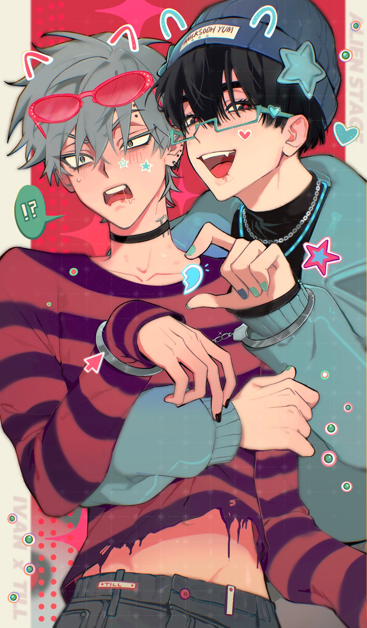 the image is a digital illustration featuring two anime boys. the boy on the left is wearing a red and purple striped sweater, blue jeans, and pink sunglasses. he is smiling happily and has a pink heart sticker on his cheek. the boy on the right is wearing a blue sweater, a white shirt, and a black beanie with a blue star. he is wearing bluerimmed glasses, and has a pink heart sticker on his cheek. they are embracing each other, with the boy on the right resting his head on the boy on the left's shoulder. they are surrounded by hearts, stars, and other cute decorations. the overall tone of the image is playful and romantic.