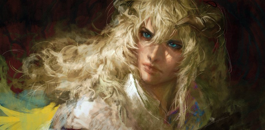 a digital painting of a woman with long, flowing blonde hair and striking blue eyes. the artwork has a fantasy feel and showcases a detailed portrait style.