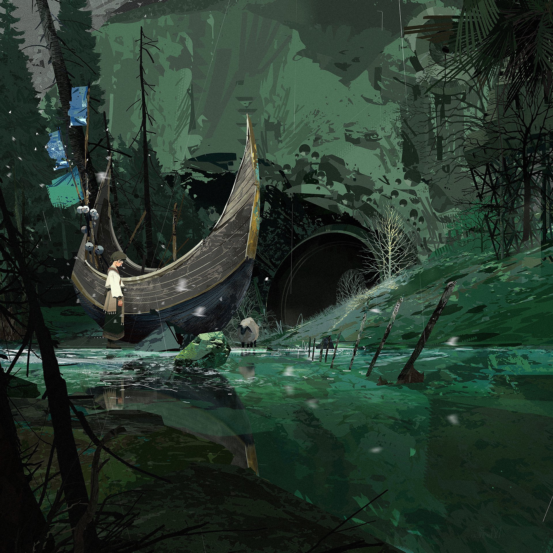 the image shows a small, old wooden boat resting in a shallow river flowing through a dark and mysterious forest.  the forest is dense with towering trees, their branches reaching towards the dim light that filters through the canopy. a lone female figure stands at the bow of the boat, gazing towards a dark, cavernous opening in the background. the overall atmosphere is one of quiet solitude and a sense of the unknown.
