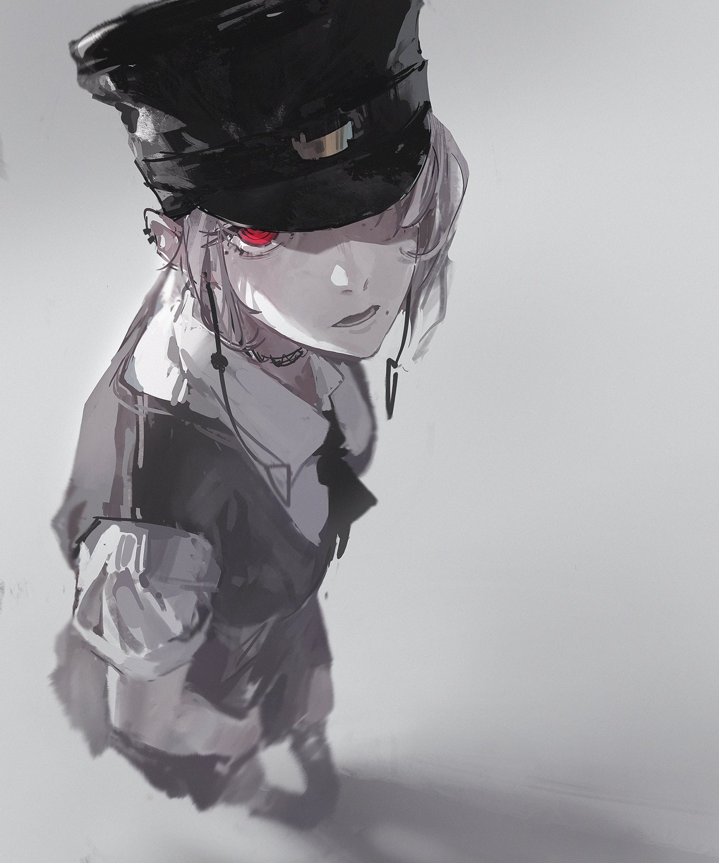this is a digital illustration of an anime girl with white hair wearing a black hat and uniform with red eyes.  the background is a solid gray, and the girl's features are obscured by the shadow of her hat.  she is looking directly at the viewer.