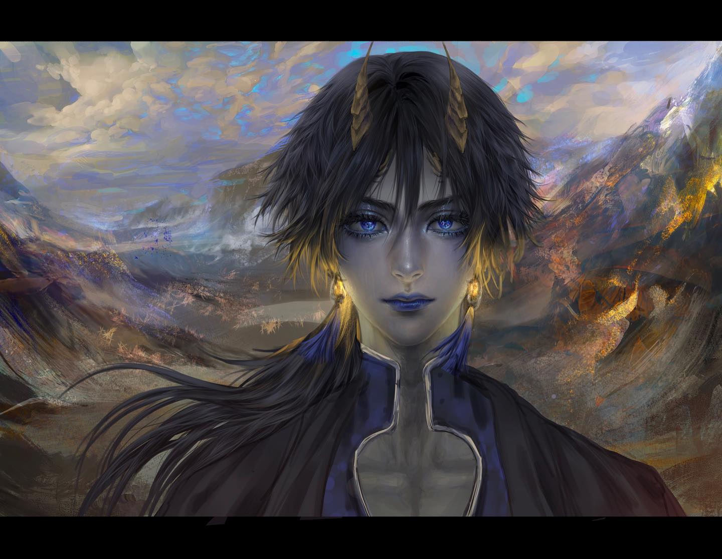 the image is a digital painting of a male fantasy character with dark blue skin and long black hair. he has small horns on his head and piercing blue eyes. he wears an elaborate dark blue and purple outfit and gold earrings. the background is a mountainous landscape with swirling clouds rendered in warm and cool tones. the overall mood of the image is ethereal and otherworldly.