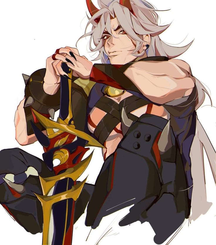 the image is a digital fanart depicting a male anime character, possibly inspired by genshin impact's scaramouche or a similar character. he possesses long, flowing white hair and striking red horns, reminiscent of an oni or demon. his expression is a confident smirk. he's dressed in dark clothing with red and gold accents, appearing muscular and powerful.  he is holding a large, ornate sword with sharp detailing. the art style is stylized, with vibrant colors and strong outlines. the overall impression is one of fantasy and action.