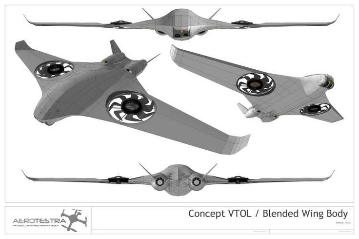 this image shows a conceptual design of a vtol aircraft with a blended wing body. the aircraft is shown in different angles. the design features several propellers on the wings and fuselage for vertical takeoff and landing.  the wings and fuselage are blended together to create a smooth, aerodynamic shape. the design is futuristic and innovative.