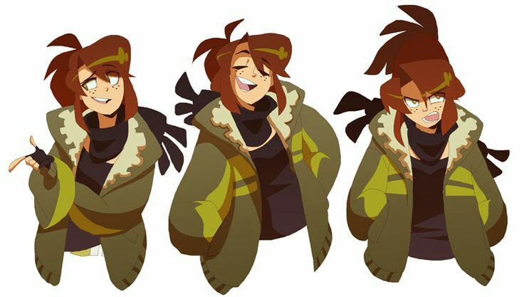 the image shows three cartoon anime girls with brown hair, wearing similar green jackets with fur collars, black scarfs, and black tops. they have different expressions, one is smiling happily, the other is frowning, and the last one is angry.