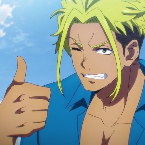 an anime boy with green hair smiles and gives a thumbs up. he is wearing a blue shirt and has a tanned complexion. he is positioned against a blue sky with clouds.