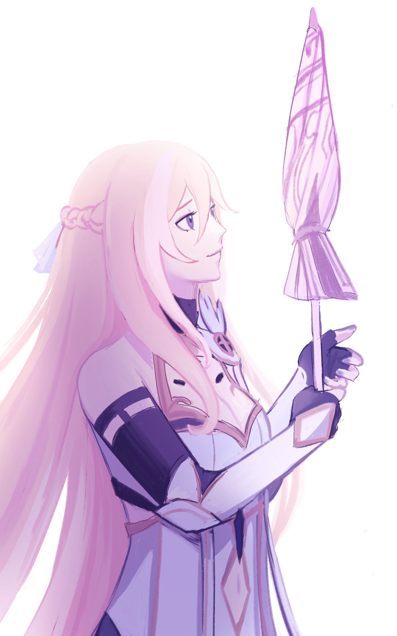 this is an illustration of a beautiful, smiling anime girl with white and pink hair holding an umbrella. she is wearing a white dress with purple accents. her eyes are blue, and her hair is long and flowing. the image is set against a white background, and the colors are soft and dreamy.