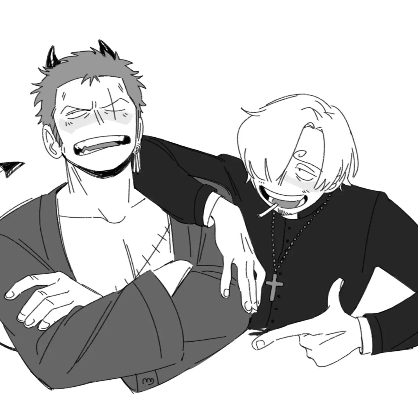 the image is a black and white fanart depicting zoro from one piece with devil horns and law dressed as a priest.  they are in a close, intimate pose. zoro is wearing a robelike garment, while law wears a priest's collar and crucifix necklace. law is playfully pointing at zoro, who seems to be enjoying the interaction.  the art style is sketchy and casual, characteristic of fan art. the overall tone is lighthearted and suggestive of a romantic relationship between the two characters.