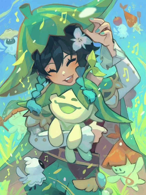 this image is a digital illustration featuring an animestyle female character with vibrant green hair and a large green hat adorned with a white flower. she is smiling brightly and hugging a cute, green and yellow creature with large, happy eyes. the image has a whimsical and joyful atmosphere, with green foliage, musical notes scattered throughout, and other small, fantastical creatures in the background. the overall aesthetic is one of springtime joy and magic.