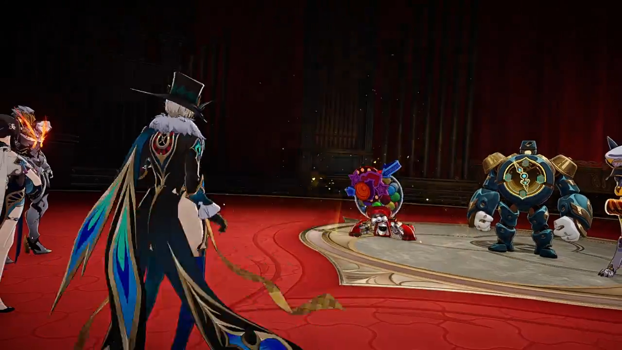 this is a video game screenshot, where four characters are fighting each other. the character on the left is wielding a sword. the character in the center, wearing a hat, appears to be a sorceress. the character on the right is a robotic character. in the front, there's a clownlike robot with a wheel that is spinning. all characters have a colorful, and fantastical design, with glowing lights and patterns. the background of this battle is dark, with red, dark blue, and golden decorations.
