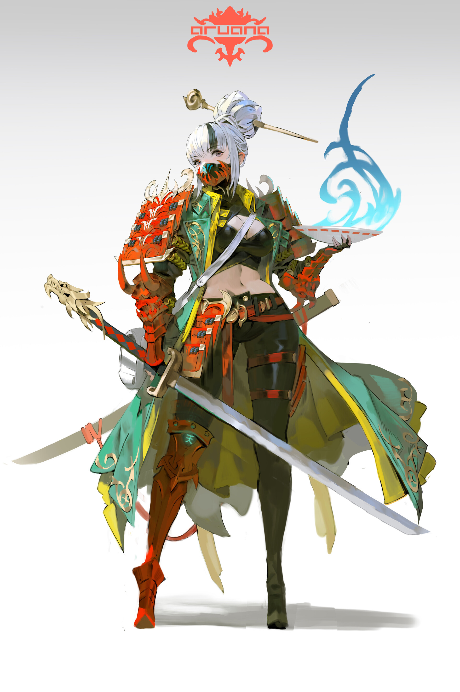 a fullbody illustration of a female fantasy warrior with white hair, wearing armor and a kimono, holding a sword and a plate with blue flames. she has a headdress and mask, and is standing in a fighting pose.