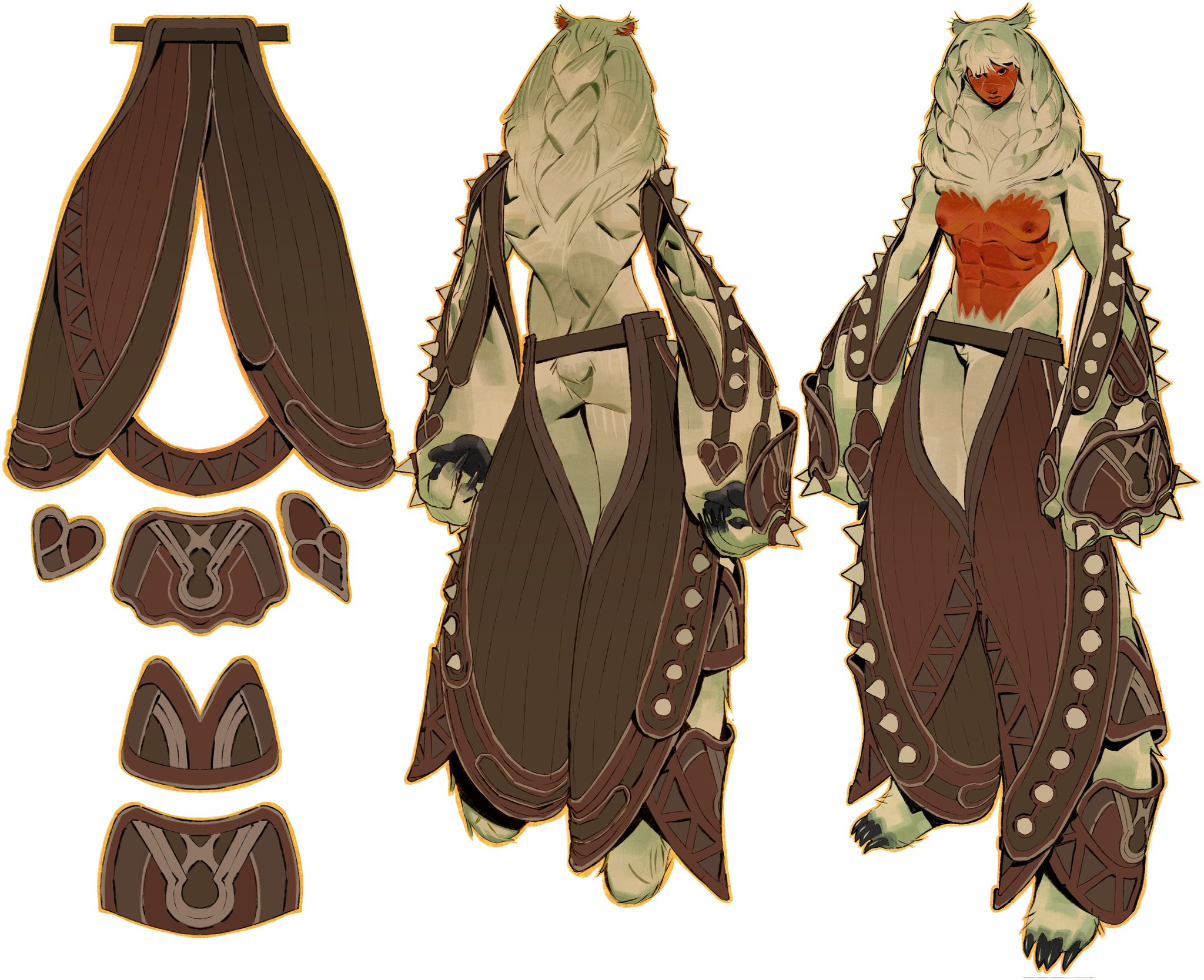 his image shows a detailed concept art or 3d model sheet of a female fantasy character. the character has a beastlike appearance with fur, and is wearing elaborate, tribalstyled clothing that resembles armor. the outfit is primarily brown and beige, with ornate detailing and patterns. the sheet includes several views of the character (front, back, and side) and also a separate breakdown of the clothing components. the style is reminiscent of fantasy video game character design.