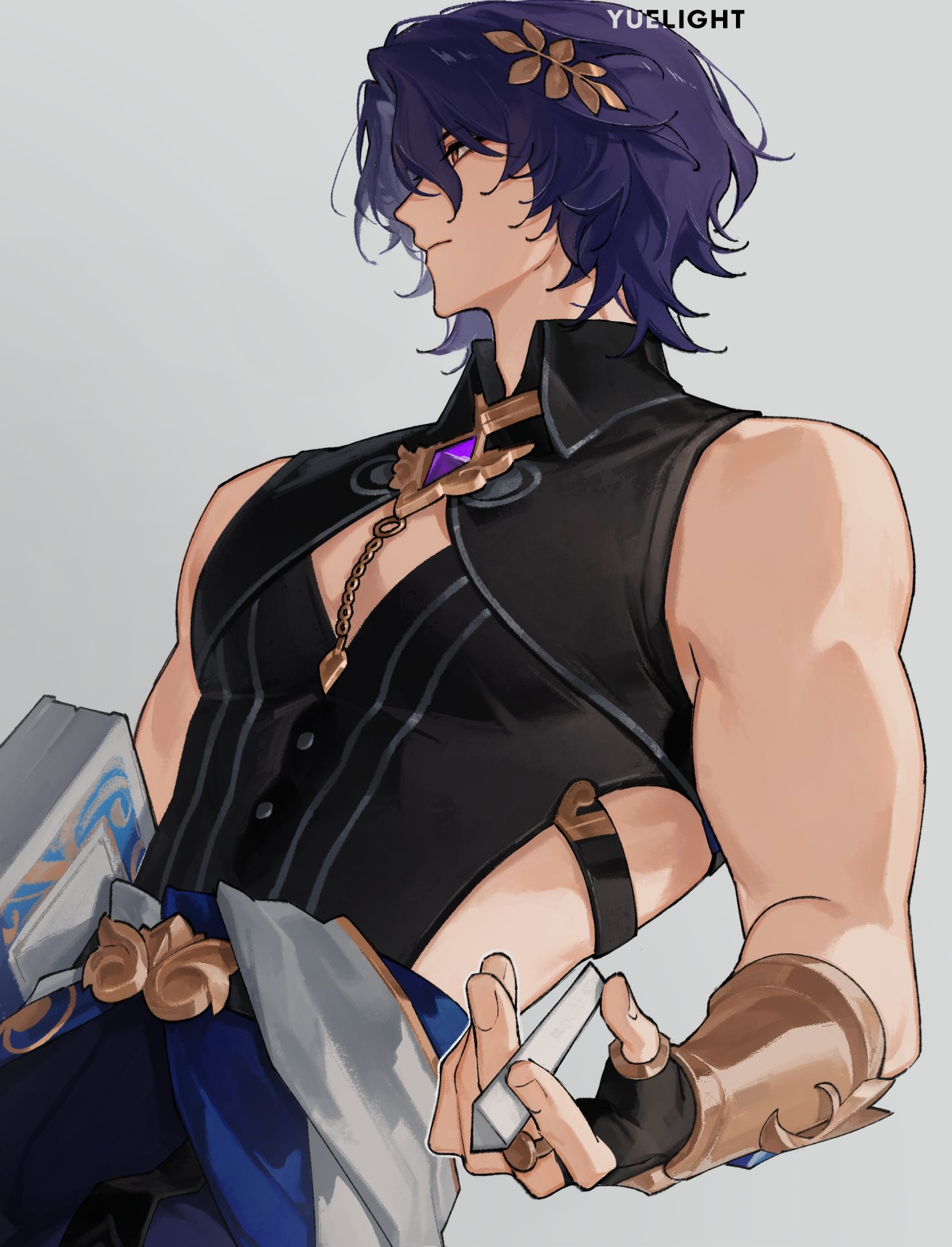 the image is a digital drawing or painting in an anime/manga style, depicting a muscular male character from the waist up. he has long, purple hair adorned with a flower accessory, and he's wearing a dark, stylish outfit with gold accents and ornate jewelry, including a necklace with a purple gemstone. he appears serious and strong.  his attire suggests a fantasy setting, and he's holding a rectangular, possibly booklike object.  the art style is detailed and highquality, with smooth shading and attention to texture. the character’s pose and expression suggest a level of power and possibly a thoughtful demeanor. the overall impression is a striking and wellexecuted piece of character art, possibly fanart inspired by a game (like genshin impact, based on the style and character design).
