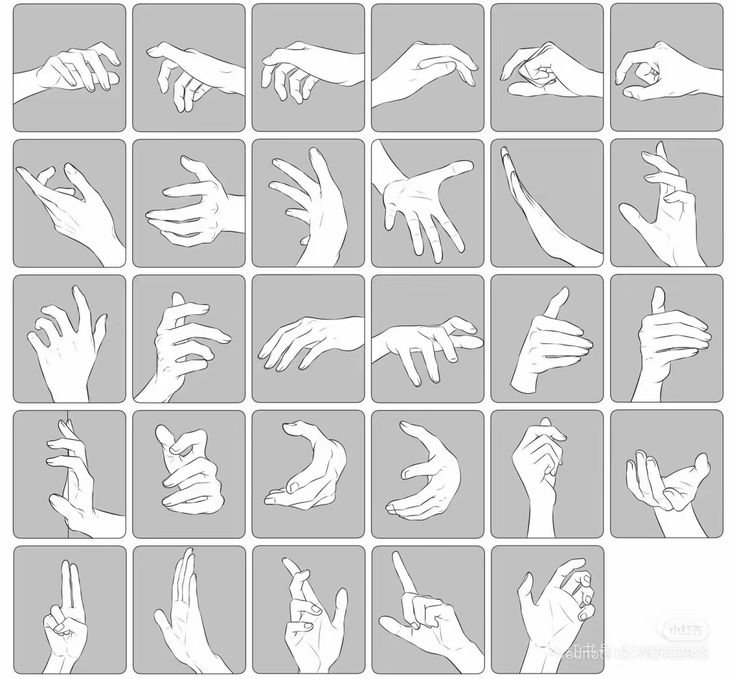the image is a collection of hand poses and gestures, displayed in a grid format. each square in the grid contains a line art drawing of a hand in a different position. the hands are drawn in various angles and with different finger arrangements, serving as a reference for artists studying hand anatomy or looking for inspiration for their drawings. the background of each square is a light grey color.