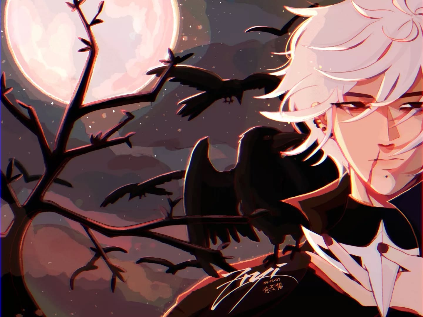 the image is a digital painting or fanart in an anime style. it depicts a young man with long, flowing white hair and red eyes. he has a somewhat serious or melancholic expression. he's dressed in dark clothing that resembles a cloak or robe, with accents of white on the collar. several large crows or ravens are perched on a bare, dark tree silhouetted against a large, reddish moon and a starfilled night sky. the overall mood is dark, mysterious, and slightly ominous, with a gothic flair. the artistic style is painterly and expressive, using a combination of sharp lines and soft shading. the artist's signature is visible in the lower right corner.