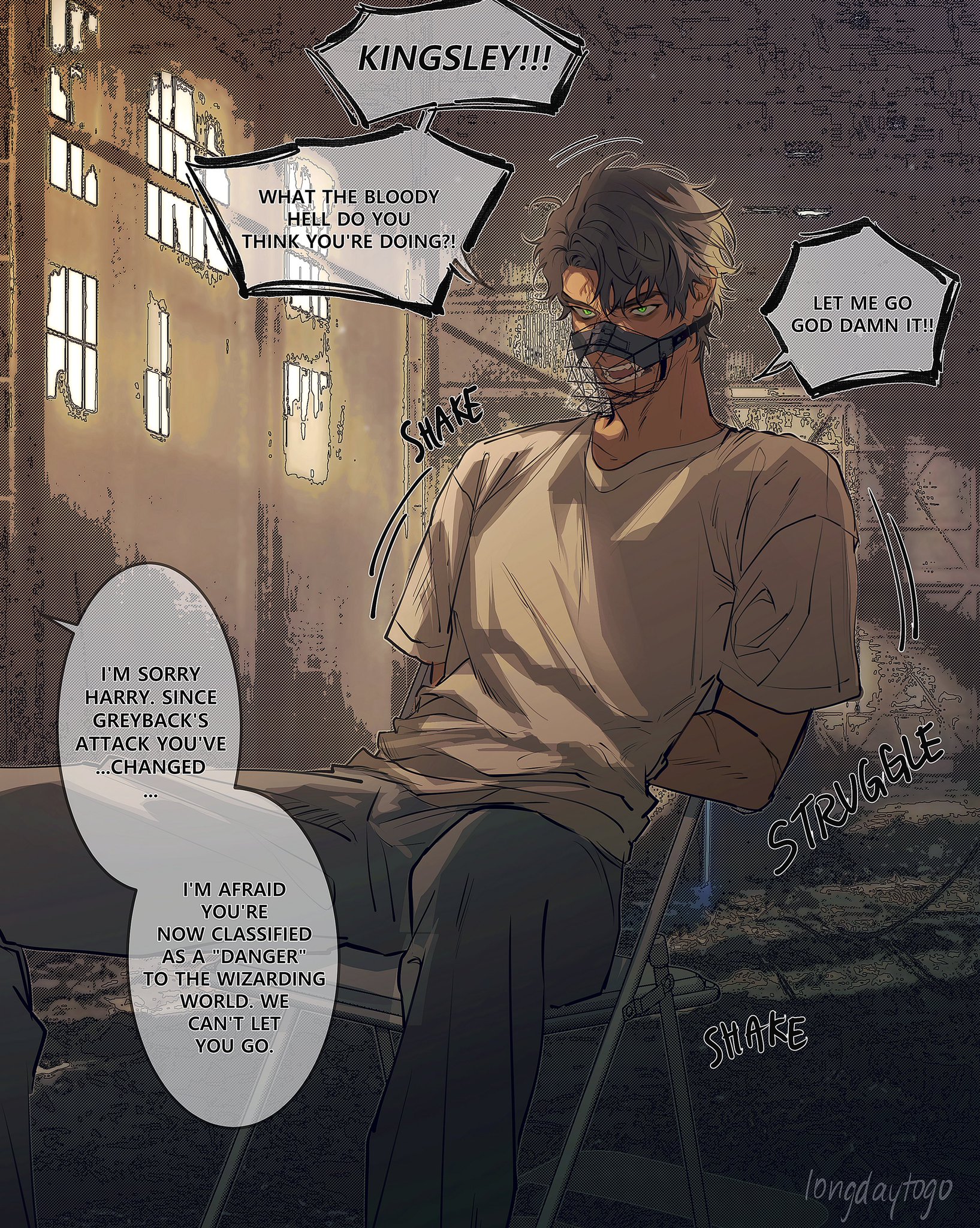 a digital illustration in a comic book style depicts a scene where a bound and masked man, possibly harry, is being held captive in a dark, rundown setting. the setting resembles a prison cell or a dilapidated urban environment.  the man is visibly distressed and struggling against his restraints. speech bubbles reveal dialogue between the captive man and a character named kingsley, highlighting a tense and dramatic situation related to a "wizarding world" and a classification of "danger".  the overall aesthetic is dark and gritty, with muted colors and a sense of impending doom. the artist's signature "longdaytogo" is visible in the lower right corner.