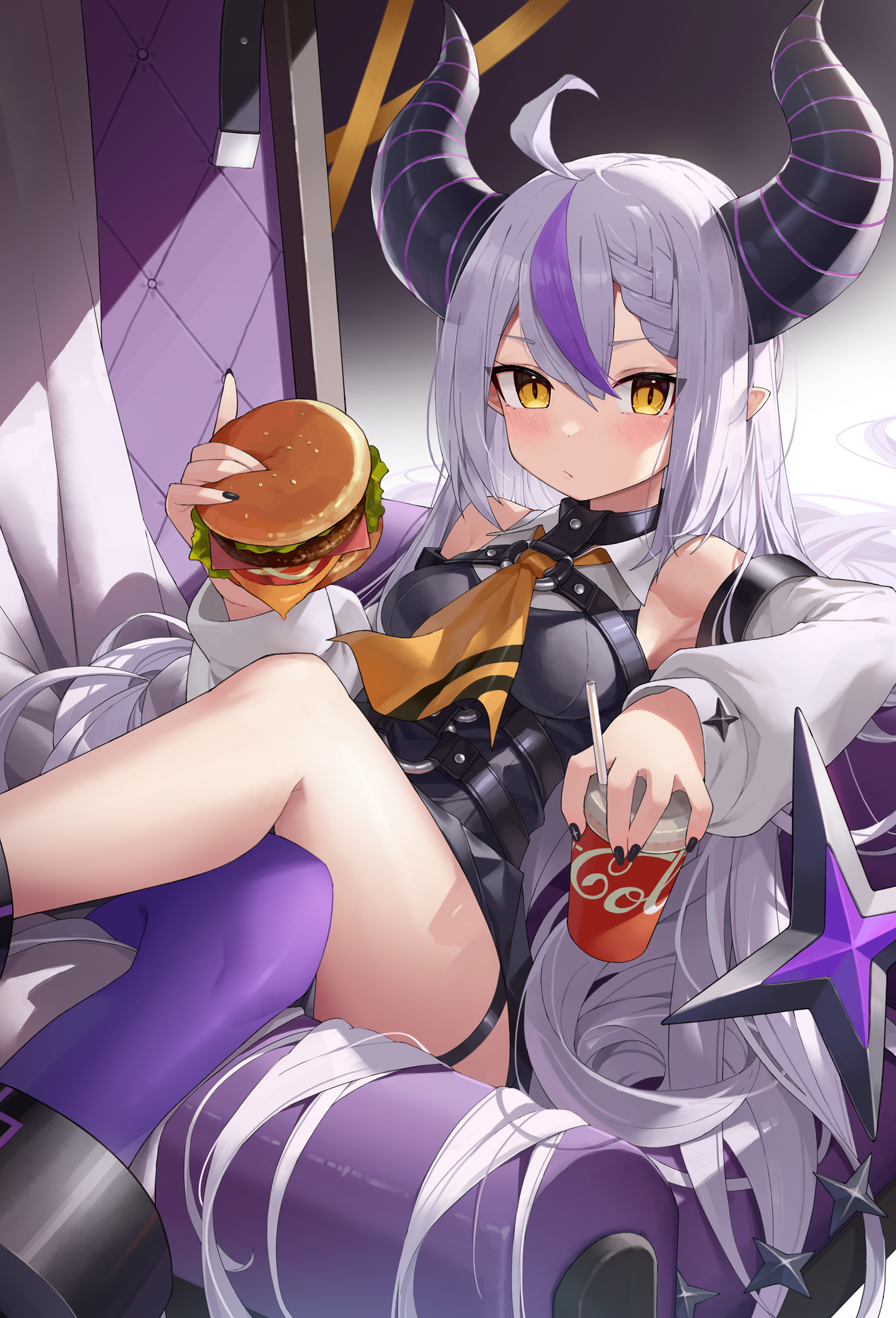 the image is a digital illustration of an animestyle girl with long purple hair and horns. she is sitting on a purple throne and holding a hamburger and a soda. she is wearing a black outfit with a yellow tie and purple stockings.  her expression is cute and she appears to be enjoying her fast food. the overall style is vibrant and colorful, typical of anime art.