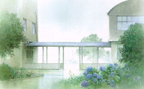 the image is a soft, minimalist depiction of a school courtyard. the foreground is dominated by a cluster of blue hydrangeas blooming in a lush green patch.  in the middle ground, a covered walkway with a wooden fence and whitewashed walls separates the courtyard from the two buildings on either side. on the left, a tall white building with windows and a wooden door stands against a soft green backdrop. on the right, a gray building with a curved roof features a large window and a tree with vibrant green foliage. the scene is bathed in a soft, diffused light, giving it a serene and peaceful atmosphere, reminiscent of an anime or manga setting.