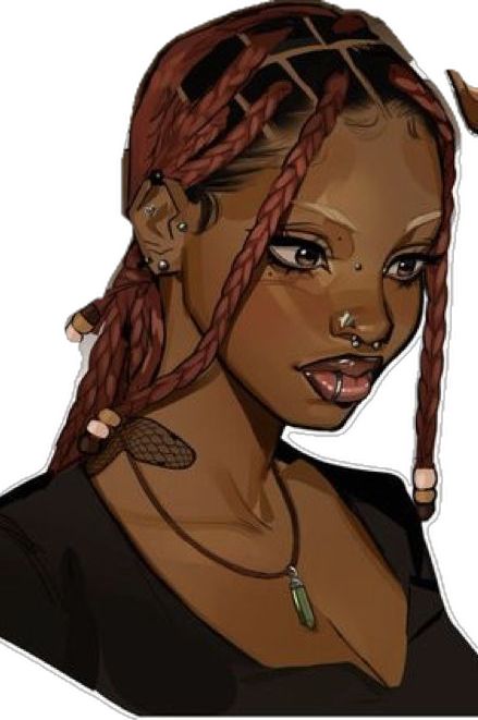the image is a digital illustration or drawing of a young black woman. she has intricately styled red box braids, adorned with small beads. she also has several piercings: a septum piercing, a lip piercing, and multiple ear piercings. she wears a darkcolored top and a simple necklace with a green stone pendant.  the style leans toward anime or manga, with a focus on smooth lines and bold features.  the overall aesthetic is fashionable and slightly edgy. the background is plain white, emphasizing the figure.